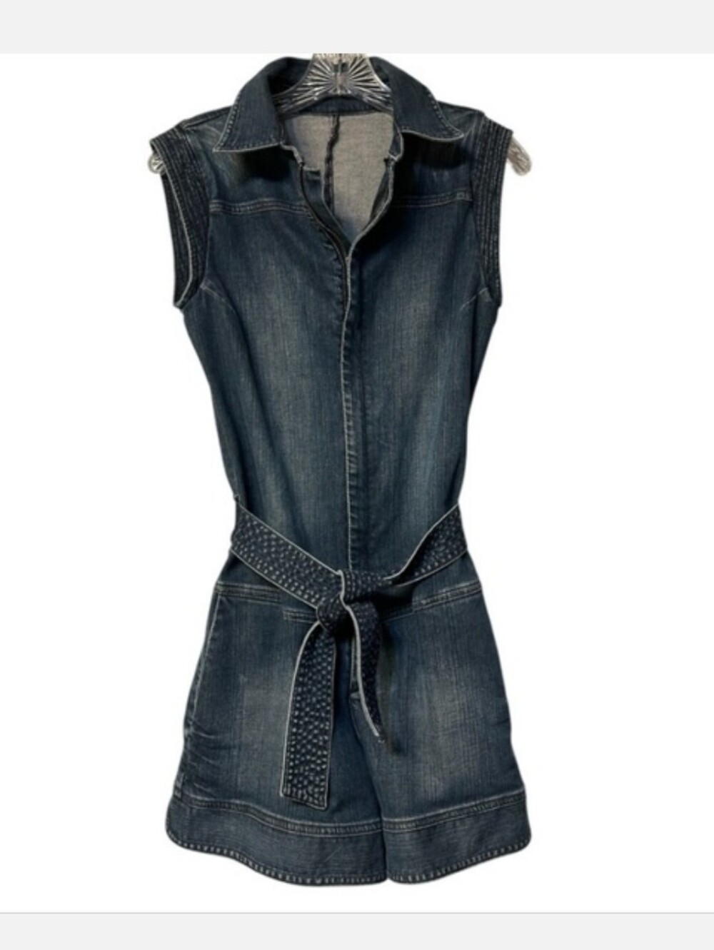 Goldsign Dark Wash Denim Sleeveless Romper with Elastic Back & Tie Belt
